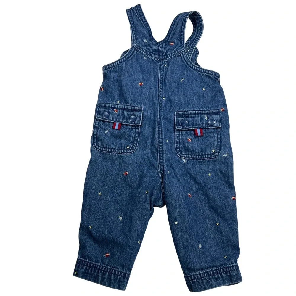 Vintage 2001 Gymboree Space Rocket Ship Denim Overalls Blue 3-6M Embroidered